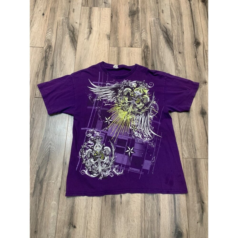 Gildan Mens L Heavy Cotton Graphic T-Shirt Purple Short Sleeve Crew Neck Winged